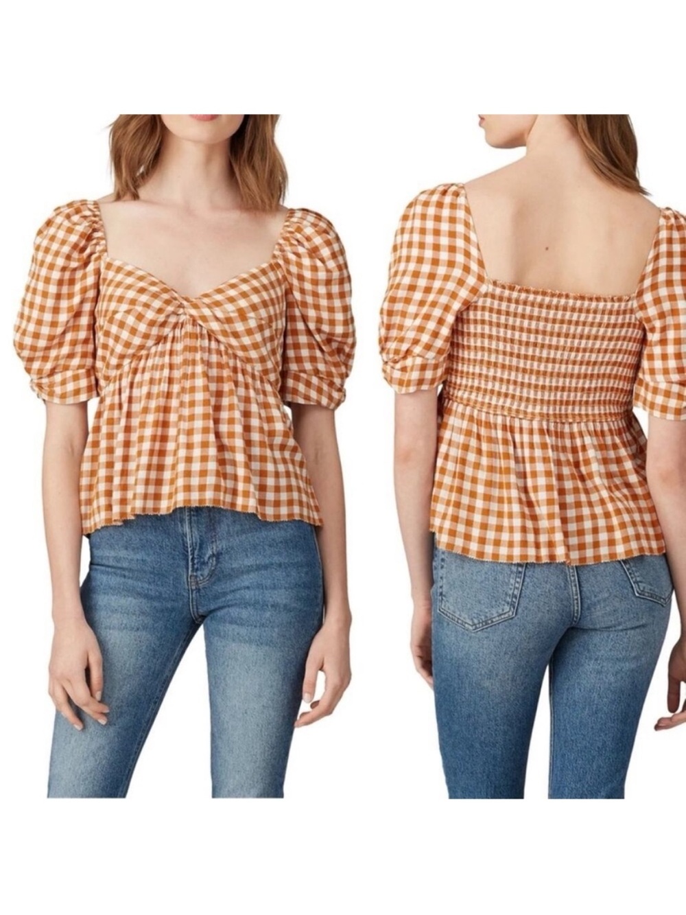 Saylor Glenny Orange and White Gingham Puff Sleeve Top XL